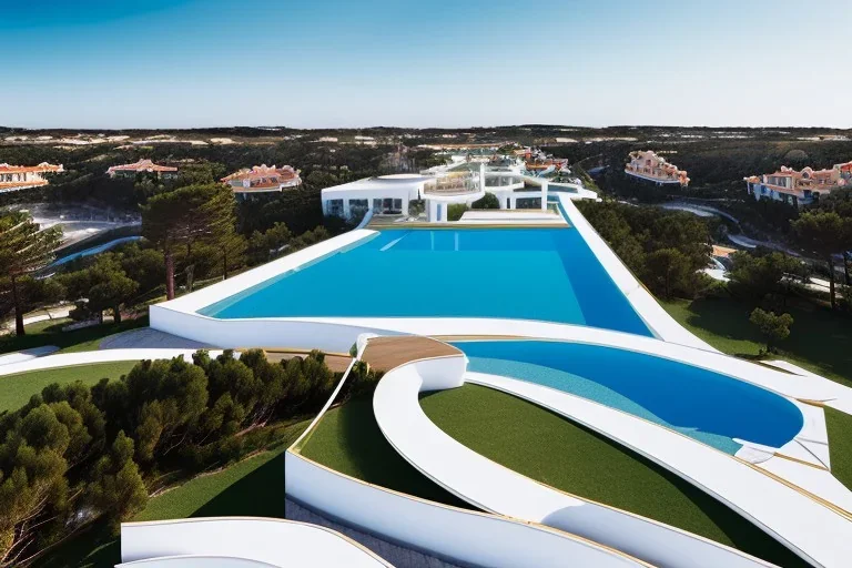 algarve in quinta do lago, one straight line building of 250 meters long pool on the rooftop of that modern luxury architecture building made in white render, wood and gold metallic pergolas with pool on rooftop, overlooking a slope with pinus pinea