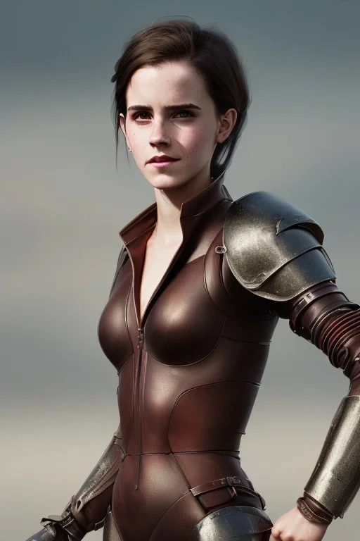 full body, emma watson identify face, leather armour , big busty , pintura, ,details,texture,8k quality, florest, Minimalism, Romanticism, Expressionism, Impressionism