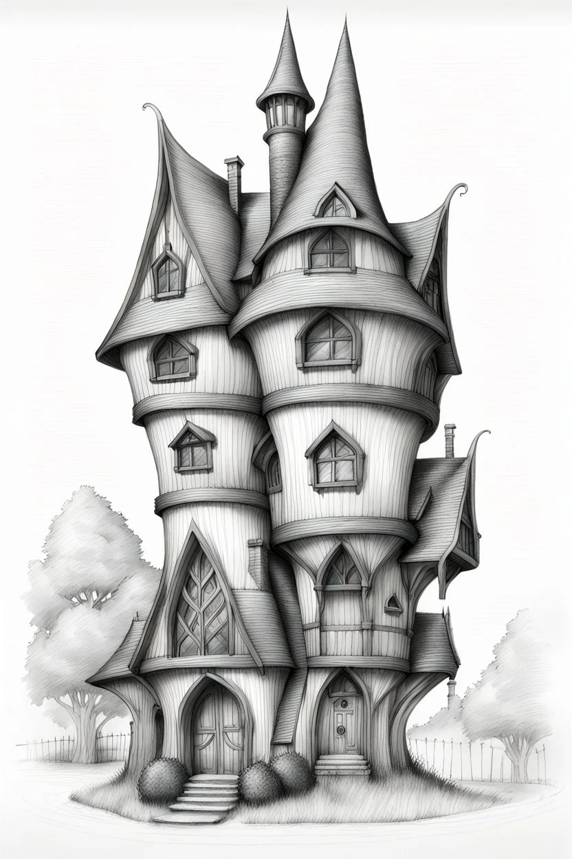 A pencil sketch front elevation line drawing of a tall, narrow, twisted, mediaeval fantasy house.