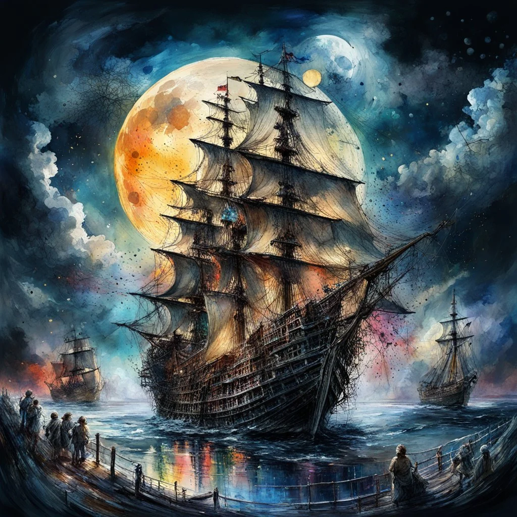 dramatic landscape Watercolor, by Josephine Wall and Pascal Campion, by Carne Griffiths, full moon, old pirate ship, black skull and bones flag, chaotic cinematic pastel colors, expansive, high contrast, colorful polychromatic, ultra detailed, ultra quality, perfect Wide long-shot visual masterpiece, dramatic stormy night