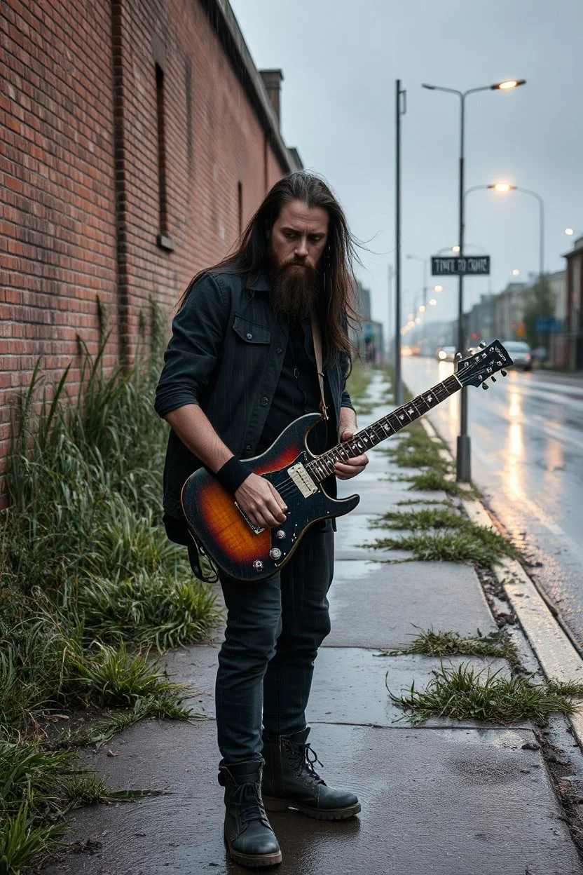 a very disappointed member with guitar case, dark long hair and beard of a death hard rock band who has been kicked out of a rehearsal space in Sweden, old factories style with bricks, deserted place overgrown plants and grass, he stands outside in the rain and cries, street lamps shining, raindrops, wind, empty roads and cycle paths next to it, really bad weather, "TIME TO GO HOME" on a sign