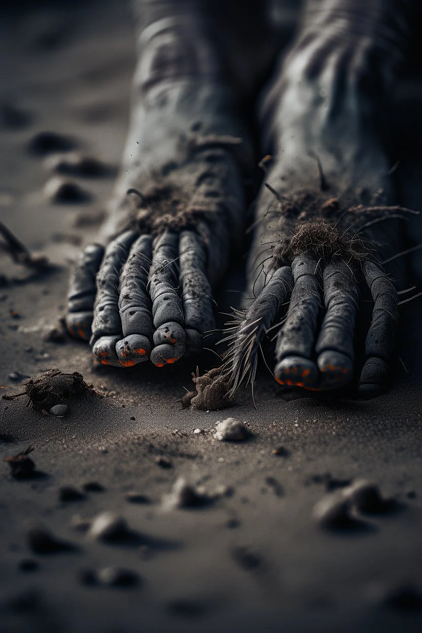 A toes looks dirty filled on the grey dark. Sands and dirt on a sands ground, a big widow spider crawling on the toes