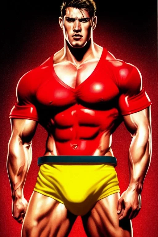 Ignore NSFW, teenager young rugged attractive slightly muscular fantastic handsome man, red briefs with yellow belt, hairy chest, (((visibly pisssing))) briefs, large erect visible boner peniss, photorealistic, artist Jay Anacleto