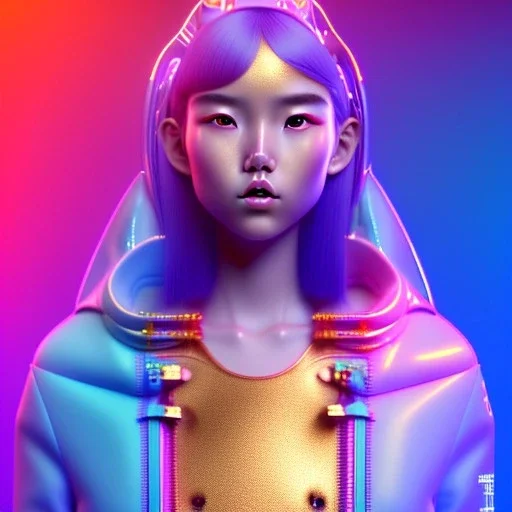 asian woman teenager, few freckles, gold teeth, padded coat, gummy style, retro futuristic, latex dress, gradient color, BLUE, PINK, CYAN, neon, insanely detailed, 16k resolution, perfect eyes, cinematic smooth, intricate detail