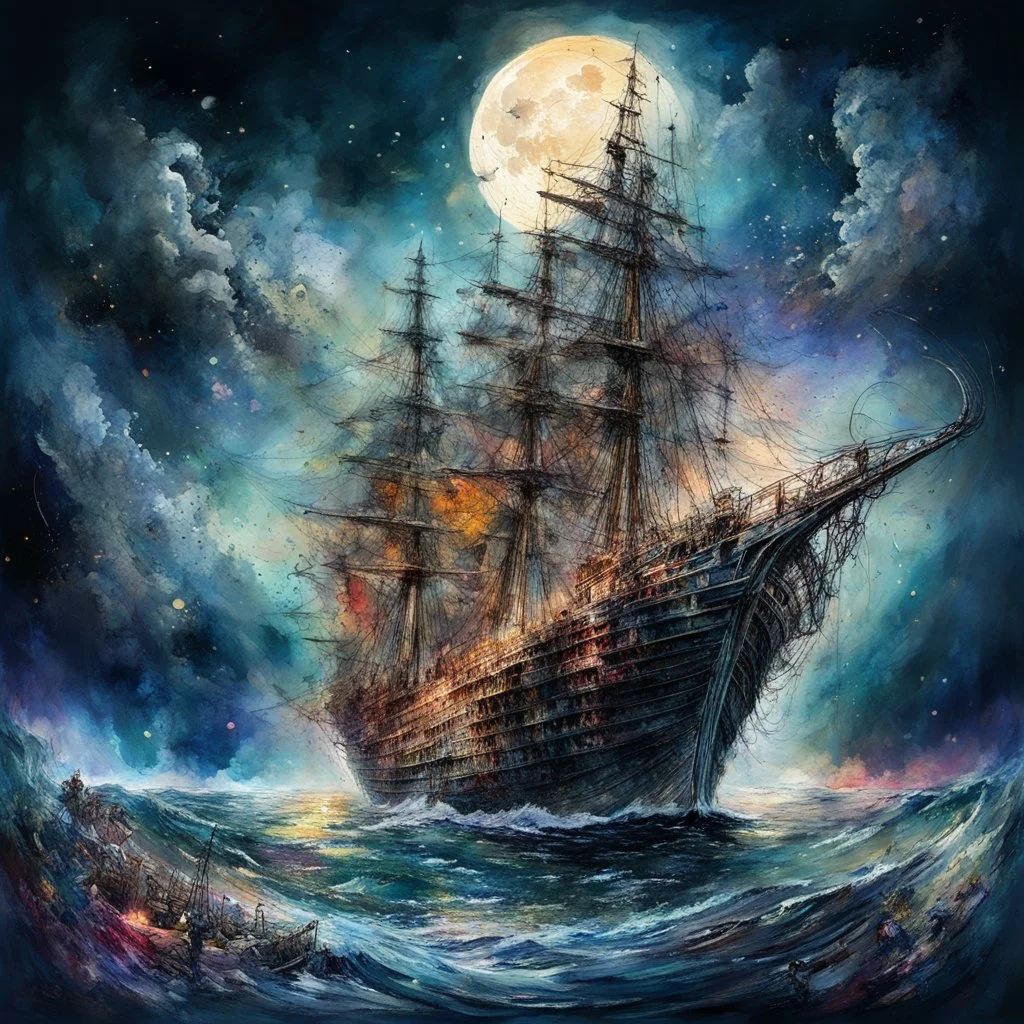 dramatic landscape Watercolor, by Josephine Wall and Pascal Campion, by Carne Griffiths, full moon, old whaling ship, whale, chaotic cinematic pastel colors, expansive, high contrast, colorful polychromatic, ultra detailed, ultra quality, perfect Wide long-shot visual masterpiece, dramatic stormy night