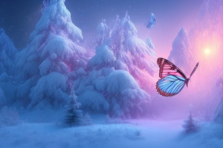 opening to the soft pink and blue crystal rise of snow and butterflies