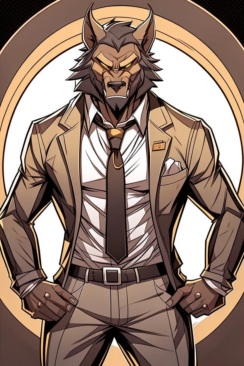 Buff, anthro, wolf, himbo, black fur, gold eyes, wearing a suit, full-body, muscles, strong, muscular, man boobs, bulky, tail, dark fur, smug grin, hands on hips,