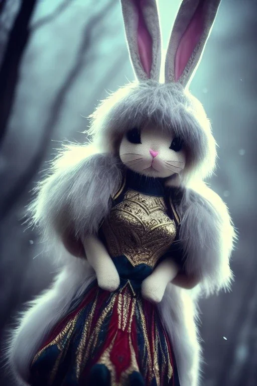 bunny, high ornamented light armor, fluffy fur, foggy, wet, stormy, 70mm, cinematic, highly detailed