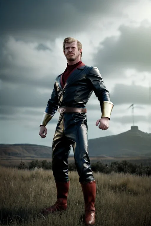 retro portrait image from 1960, sky background, wind, extra long blonde hair, fighting stance, young Chris Hemsworth, clean shave face, black dress, classic long tight lycra black suit, red cap, platinum lycra with scales on the arms, gold bracelet and belt, high boots, soft color, highly detailed, unreal engine 5, ray tracing, RTX, lumen lighting, ultra detail, volumetric lighting, 3d, finely drawn, high definition, high resolution.