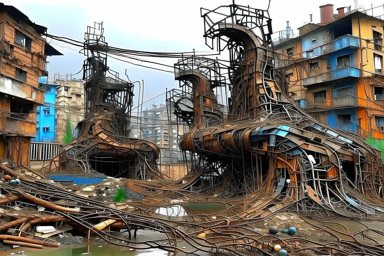your creativity versus my imagination, tectonic cityscape clove, arafed remnants of a forgotten forbidden former river of clueless rust, |steel hot, puṣkaracūḍa, made of scrap metal and rusty wires, great verticals, perfect parallels, industrial vibe, police juxtaposition