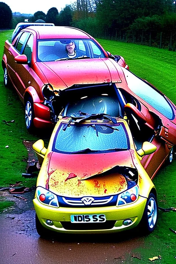 Noddy crashes his car and ends up in a mangled, bloody mess