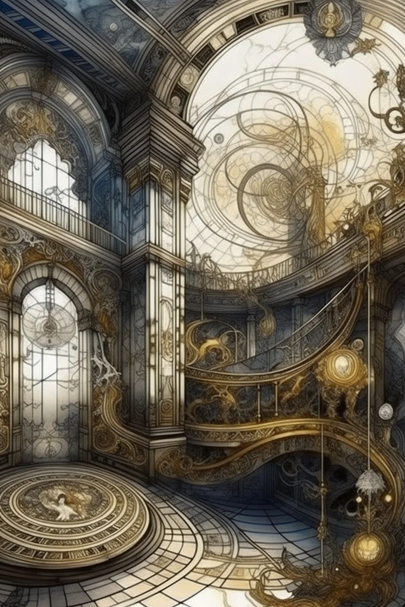 panorama, zodiac signs, filigree, swirling chaos in the Baroque style of the interior, mysticism, dramatic atmosphere, overdetalization, drawing details with ink