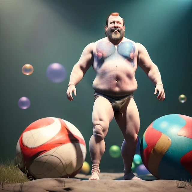 Ultra realistic circus scene. Classic Naked strongman, waist up view, old school tattoo, Wes Anderson style, happy, bubbles, butterflys, highly detailed, concept art, unreal engine 5, god rays, ray tracing, RTX, lumen lighting, ultra detail, volumetric lighting, 3d, finely drawn, high definition, high resolution.