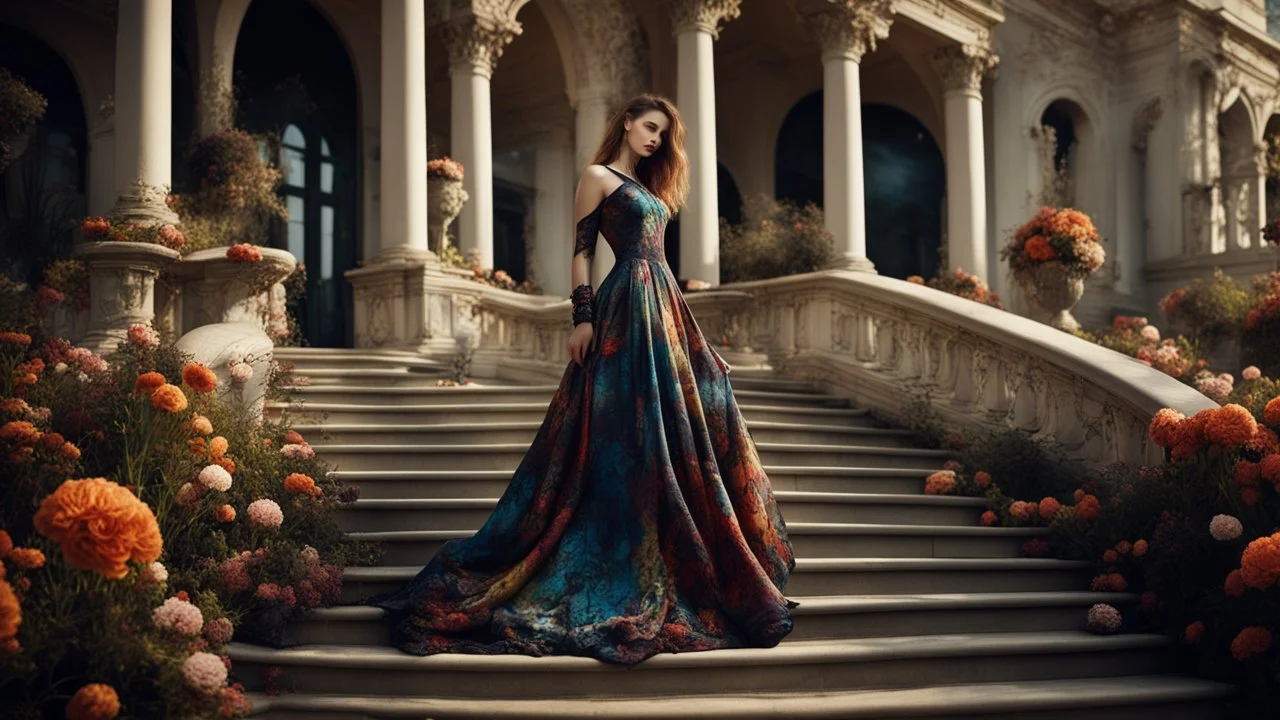 stunning fashion photo of a woman stands nice stairs best pose in extreme weird dress in garden, her is perfect beauty face, perfect full body, sunshine, , lace, deep colors, fine flower patterns, geometric, high detailed, sharp focus, stunning weird fashion, futuristic-Rococo style, best quality , professional photographer, best nikon shoot