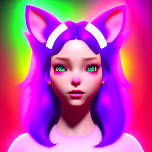 waitress teenager, cat ears headband, rounded face, pink hair, pink makeup, striped shirt, neon ambient light, vibrant color, highly detailed, art stations, concept art, smooth, 16 bit, unreal engine 5, god rays, ray tracing, RTX, lumen lighting, ultra detail, volumetric lighting, 3d, finely drawn, high definition, high resolution.