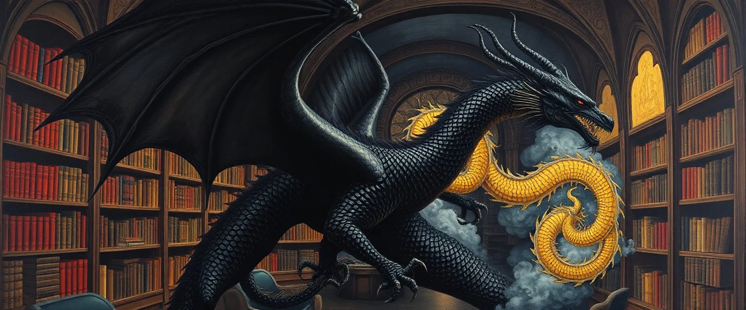 master oil painting by Escher and Giger, black dragon and hidden golden dragon inside library