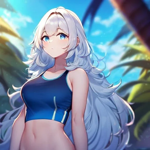 Clear focus, High resolution, Medium length fluffy hair, blue eyes, wearing a swimsuit crop top