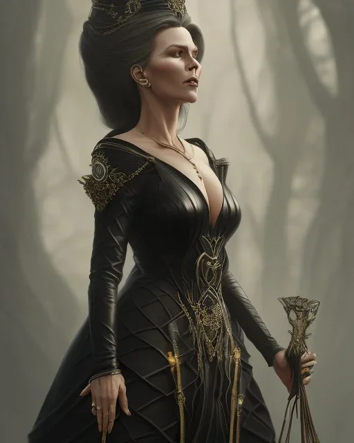 old evil queen in black leather gown, femme fatale, volouptous, busty, cleavage, angry, emperious, 8k resolution concept art portrait by Greg Rutkowski,