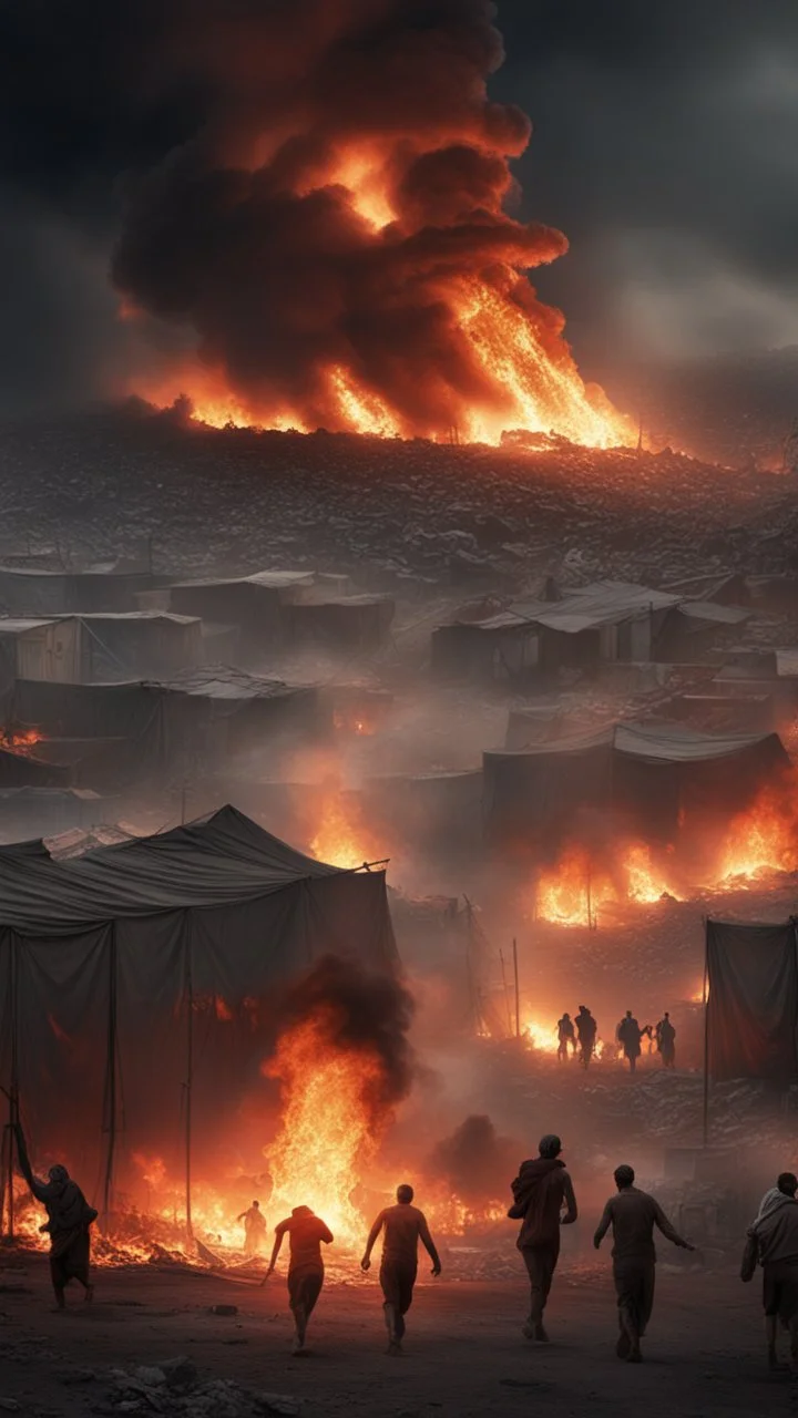 Hyper Realistic Photographic View Of Refugee Camps Are Burning & Palestinians are running-away from the flames with terrifying scared looks on their faces & crying with red smoky clouds & violent flames with terroristic environment at dark night showing dramatic ambiance.