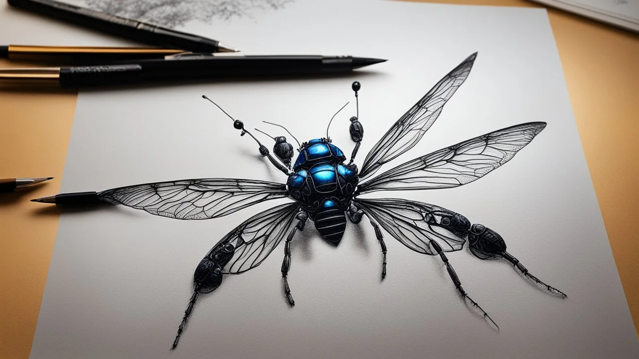 2190. 3D Robot insect drawing a 2Dpicture, each leg holding a gel pen, drawing a beautiful 2D landscape using six pens, one pen held by each leg. The picture is almost finished. Artistic, beautiful lighting, attractive composition, photorealistic, extremely detailed, chiaroscuro, rule of thirds