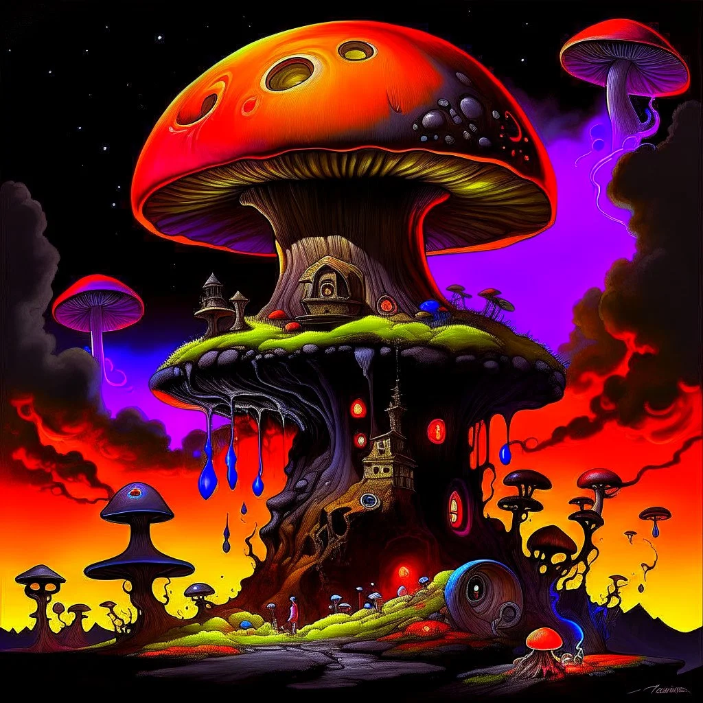 A fantabulous black, lime, and tangerine (((mushroom tower house))) erected atop a (geologic pillar), surrounded by the uncanny imaginative ((( swirling skies))), offset by the stark hues of a (neon-tinged nebulous space scape), within. captured by the hand a skilled master painter with a focus on (softly blurred compositions and voluminous lighting).