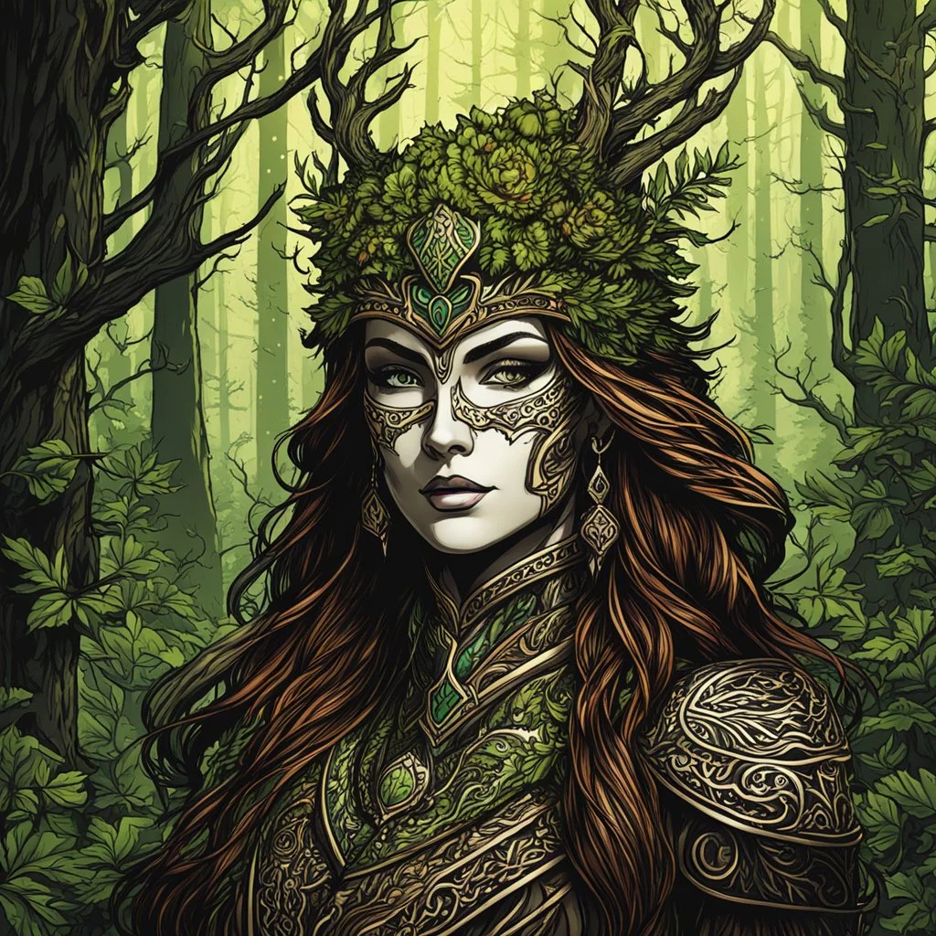 create a female shadowed spirit hunteress , with highly detailed, sharply lined facial features, in the deep forest of Brokilon , finely drawn, boldly inked, in vibrant, soft woodland colors, otherworldly and beautiful