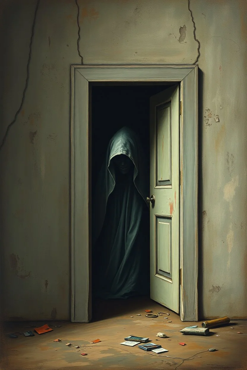 Bosch painting style nightmare, a wall with An open big door behind the door is a hooded ghost creature