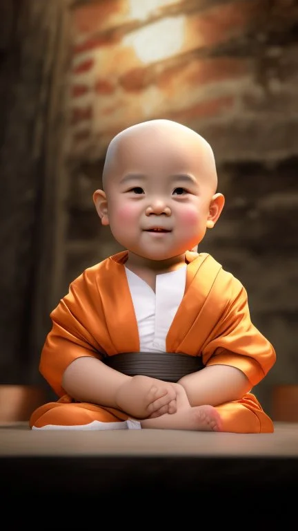 A 3-year-old monk boy with round cheeks, sitting, looking at the camera, light gray monk costume with white neckline, cute and cute, masterpiece, high quality, highly detailed.