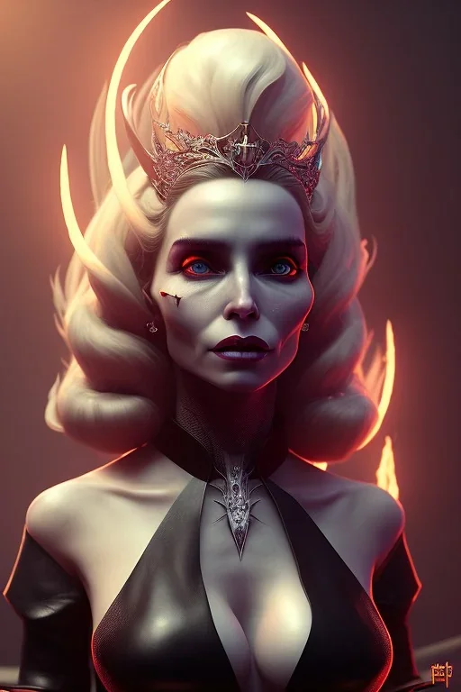 Constance Langdon as evil queen in black leather, leather, busty, cleavage, angry, stern look. character design by cory loftis, fenghua zhong, ryohei hase, ismail inceoglu and ruan jia. unreal engine 5, artistic lighting, highly detailed, photorealistic, fantasy