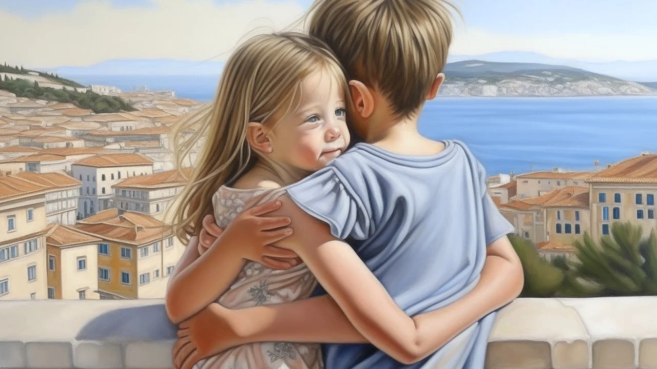 Neoclassicism child hugging other child realistic cote d'azur