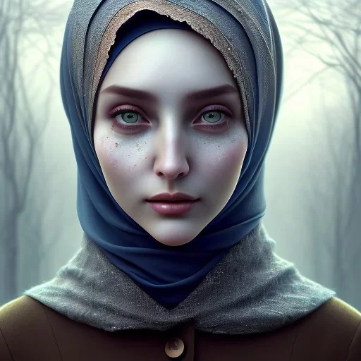 close up portrait of fog as woman in hijab, fine detail, highly intricate, modern surrealism painting, defined cracks and breaks, high-quality, volumetric lighting, 8k, ultrahd, George Grie, Marco Escobedo, Igor Morski,Brian Froud, Howard Lyon, Selina French,