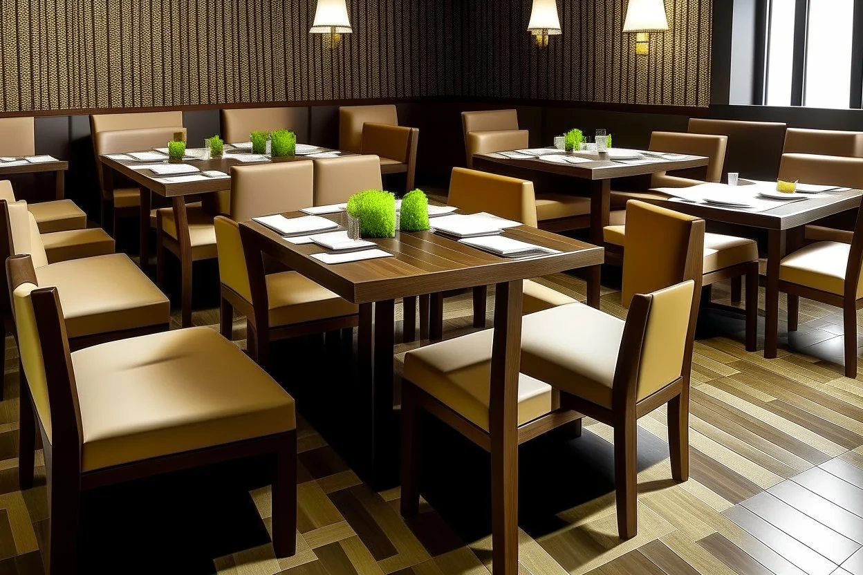 Dining tables in a restaurant. The table is square in shape and there are four chairs on it. There are 10 tables in the restaurant, and the walls, floor and furniture are brown.