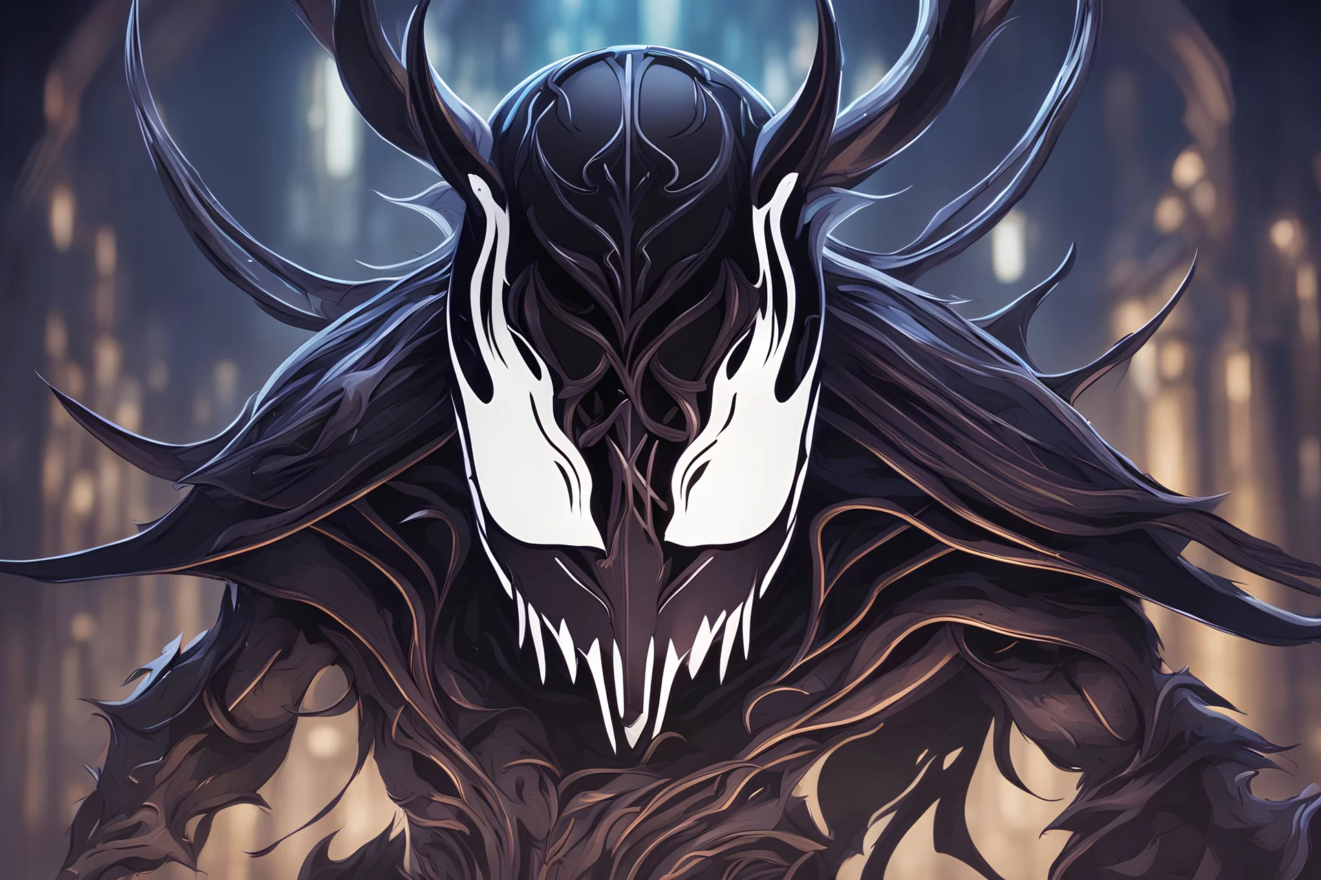 Hollow knight venom in 8k solo leveling shadow artstyle, hollow knight them, mask, close picture, neon lights, intricate details, highly detailed, high details, detailed portrait, masterpiece,ultra detailed, ultra quality