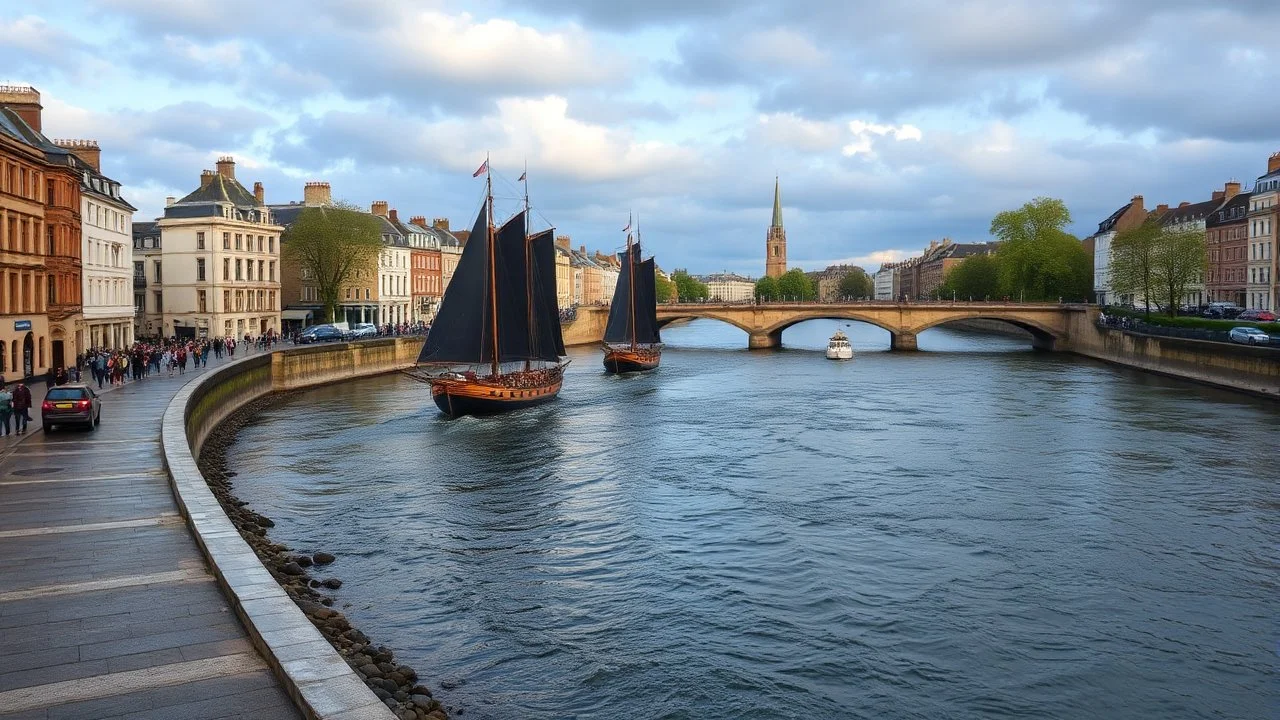 UK oxford street over times river Merlin ,show dancing for few viewers,ships in river,blue cloudy