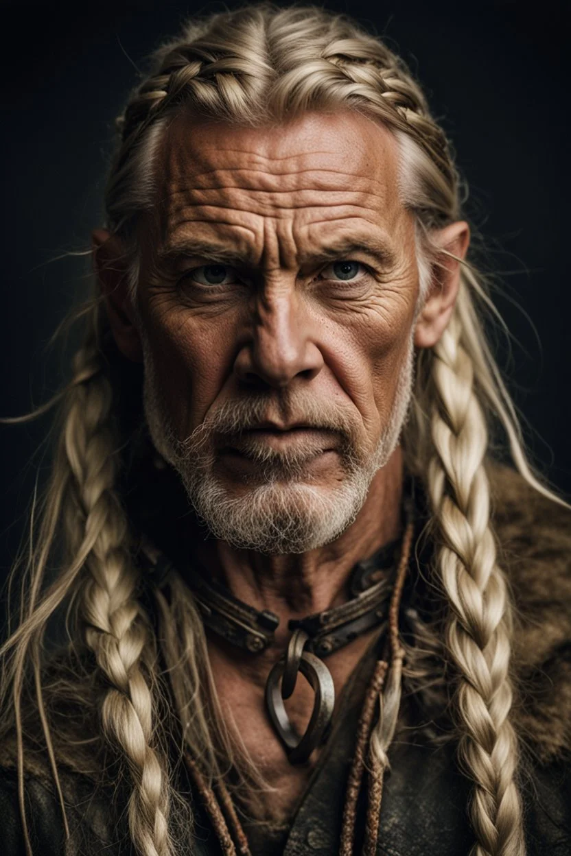 portrait of a 60-year-old viking , long blond hair with Two braids hung down neatly in front of his ears. Rugged face with a scar. blonde beard, fantasy