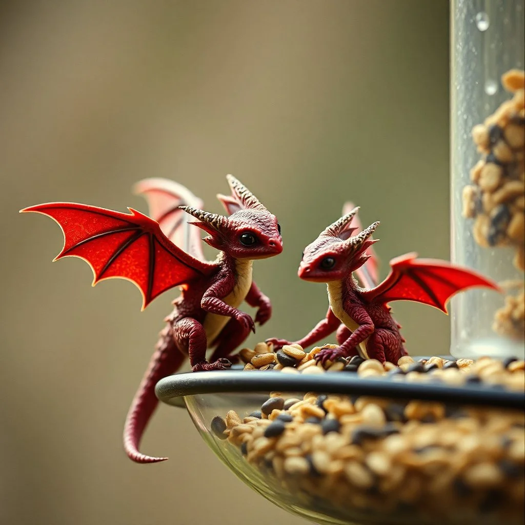 small fantastical baby winged red dragons standing on the lip of a hanging birdfeeder eating the seed, Cinematic film still, shot on v-raptor XL, film grain, vignette, color graded, post-processed, cinematic lighting, 35mm film, live-action, best quality, atmospheric, masterpiece, epic, stunning, macro photo