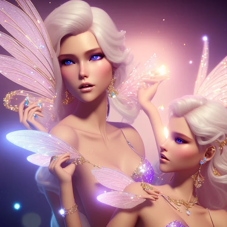 beautiful blonde fairy in a sparkle ambiance, transparent wings, delicate colors, finely tuned detail, ultra high definition, 8 k, unreal engine 5, ultra sharp focus