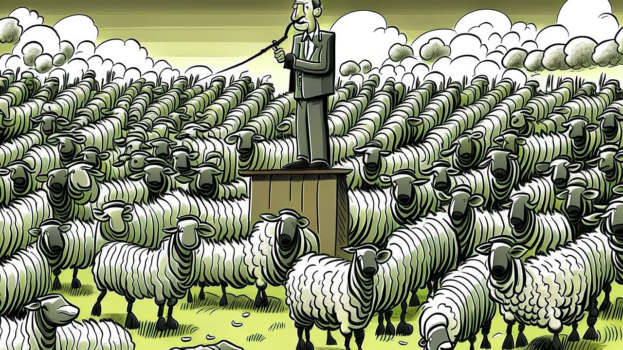 malevolent world leader and orator at podium speaking to large field of sheep