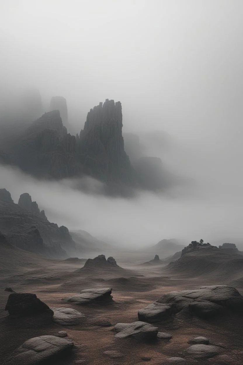 A rocky wasteland surrounded by fog