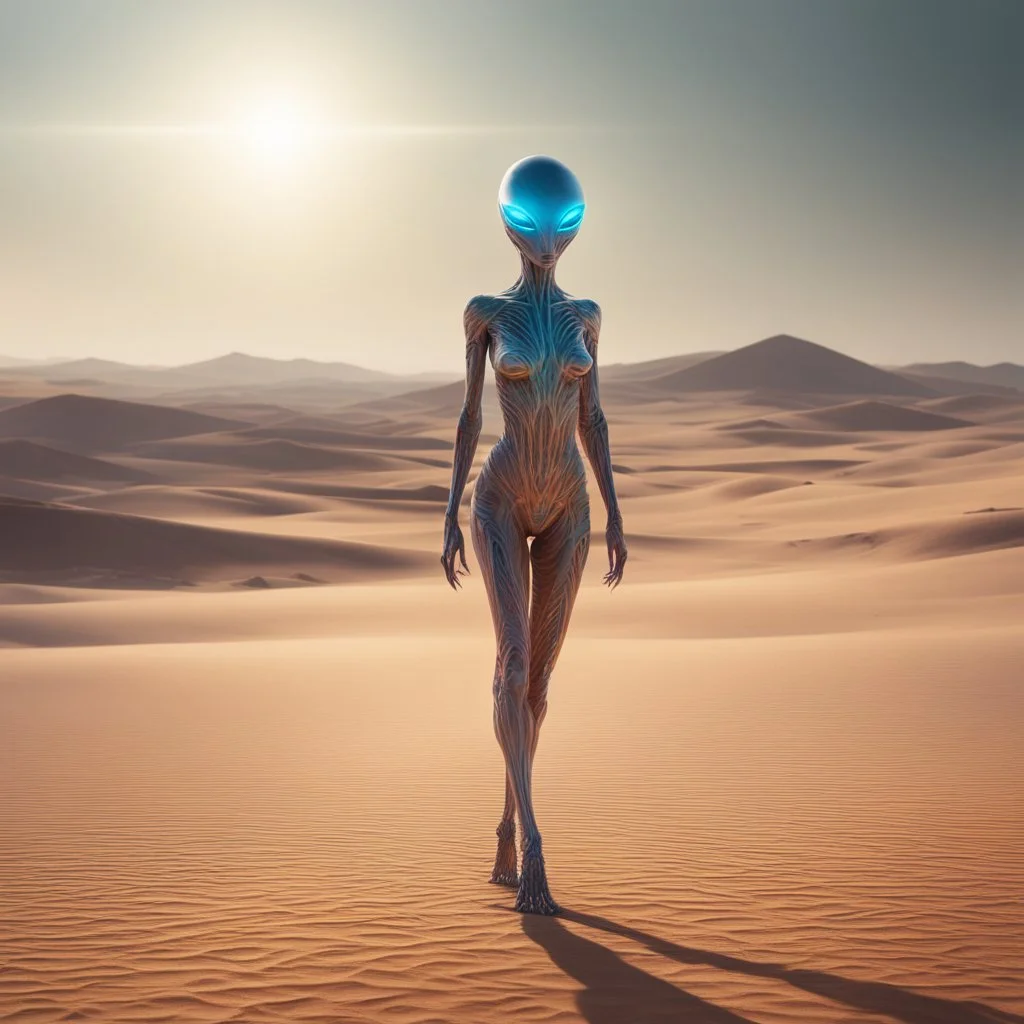 Amidst the desolate landscape, a female alien emerged from the shimmering heat haze. Her form was unlike anything seen on Earth, yet strangely captivating. Multiple eyes, each a different hue, scanned the horizon with the precision of advanced sensors. As she moved across the barren terrain, her movements were fluid and graceful, Each limb moved with purpose, adjusting her trajectory across the sandy expanse. Occasionally, she would pause, Her communication came not in words, but in pulses of li