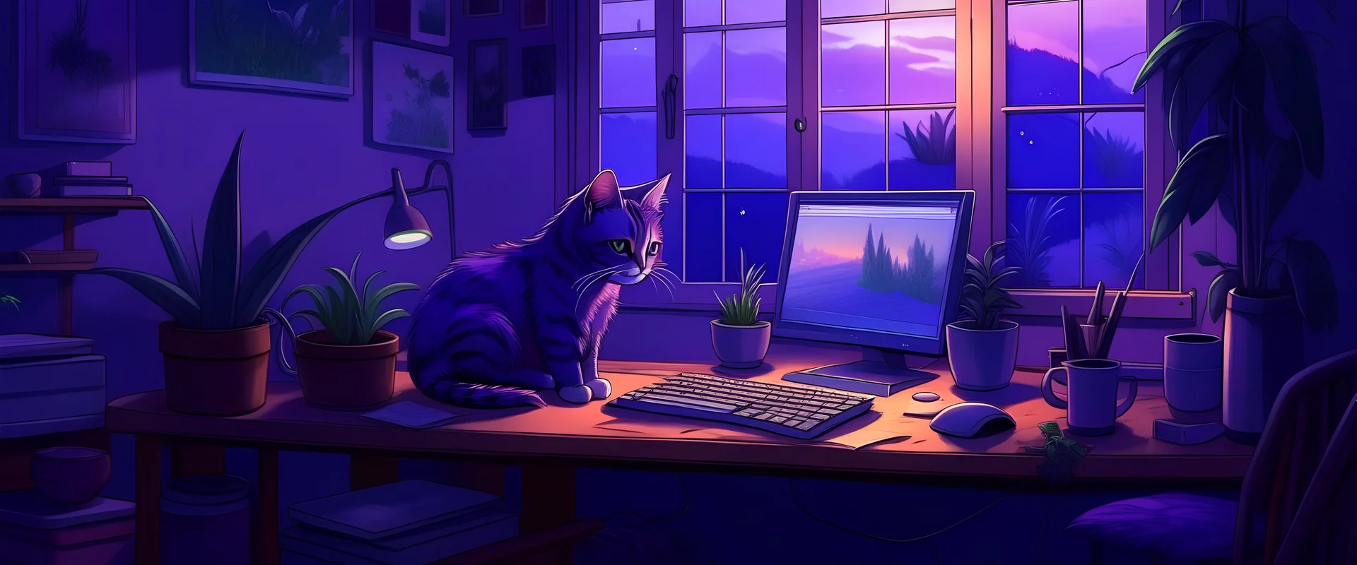 cat cozy purple computer desk night time window plants art stuff lights