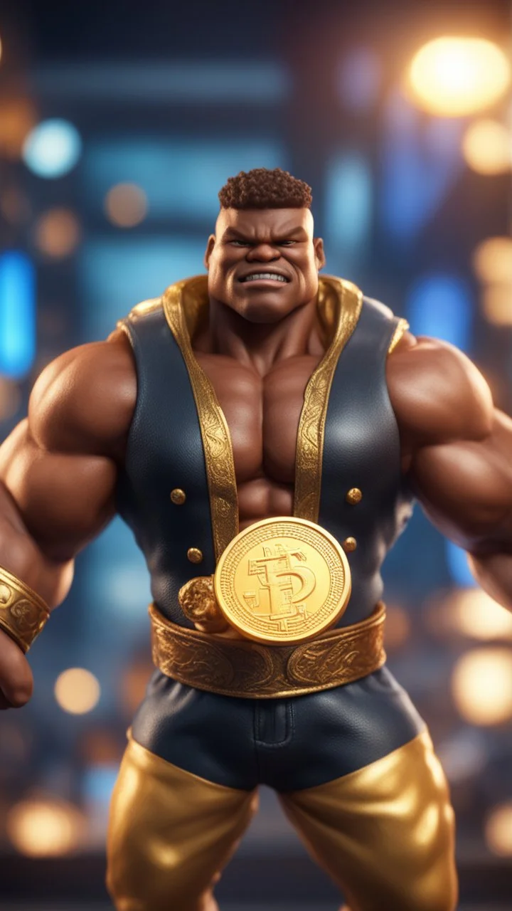 black hunk Abobo from double dragon holding up a big golden coin with a print of himself ,bokeh like f/0.8, tilt-shift lens 8k, high detail, smooth render, down-light, unreal engine, prize winning