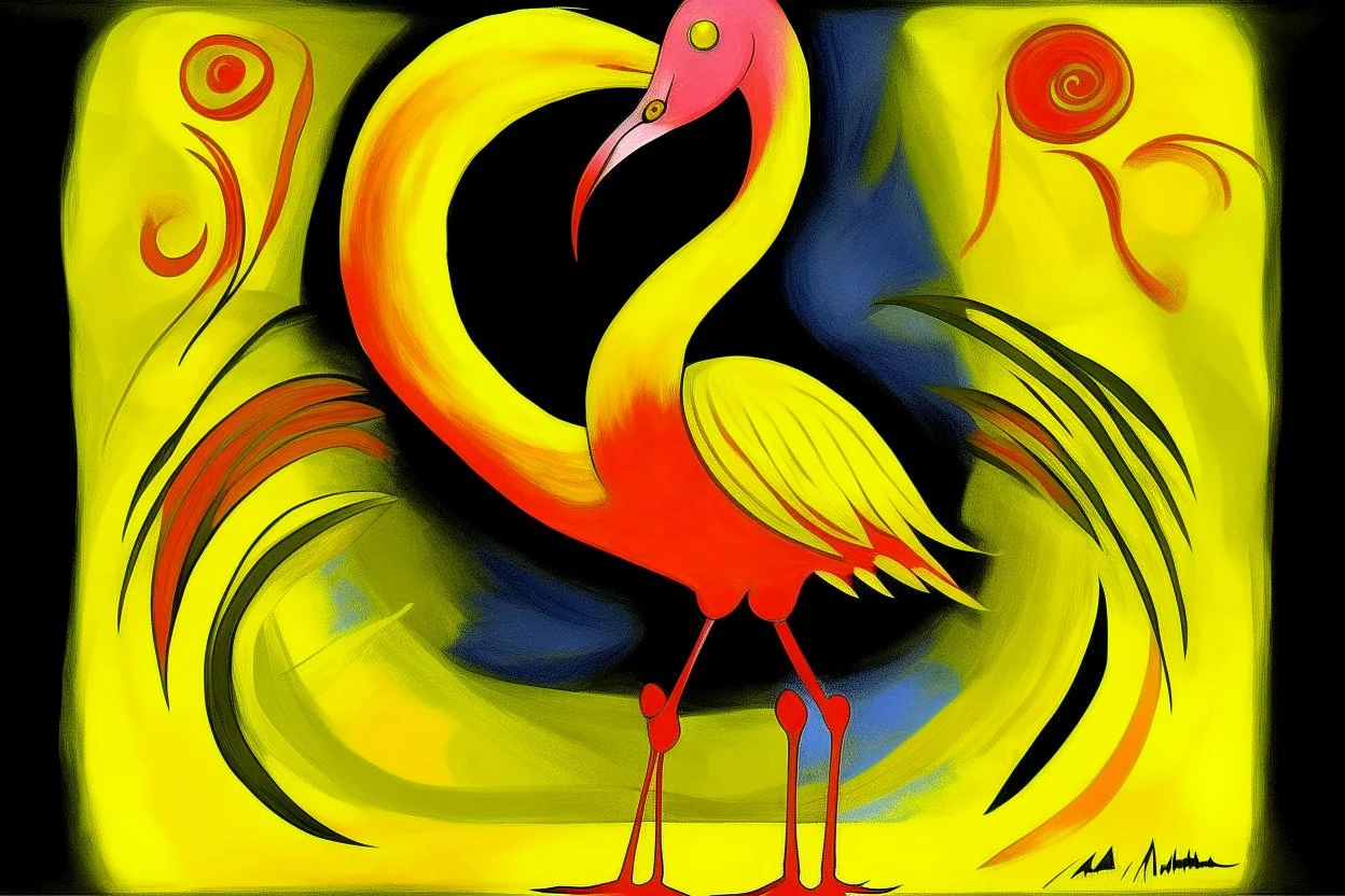 A yellow light elemental flamingo designed in Mexican folk art painted by Max Ernst