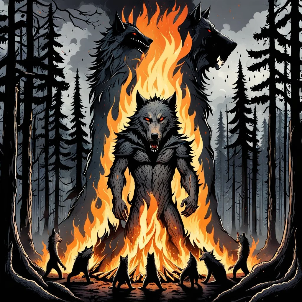 a large bonfire with its flames rising high in a clearing, around the bonfire anthropomorphic wolf humanoids of different ages, sizes and colors are crying, dancing, singing or just watching the flames. around them in the background dark trees with huge trunks, rainy day, high contrast, high detail, atmospheric, dark fantasy, sci-fi atmosphere, cinematic