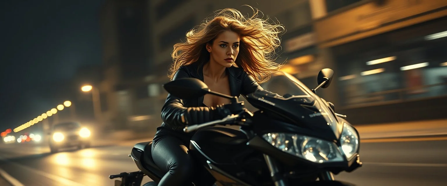 master oil painting by Rembrandt, good afternoon bitch scary hot seductive female riding sports bike with motion blur and smeared lights in the night, stylistic poster, in the style of total recall, huge bugrat in the background with wind blowing in the hair