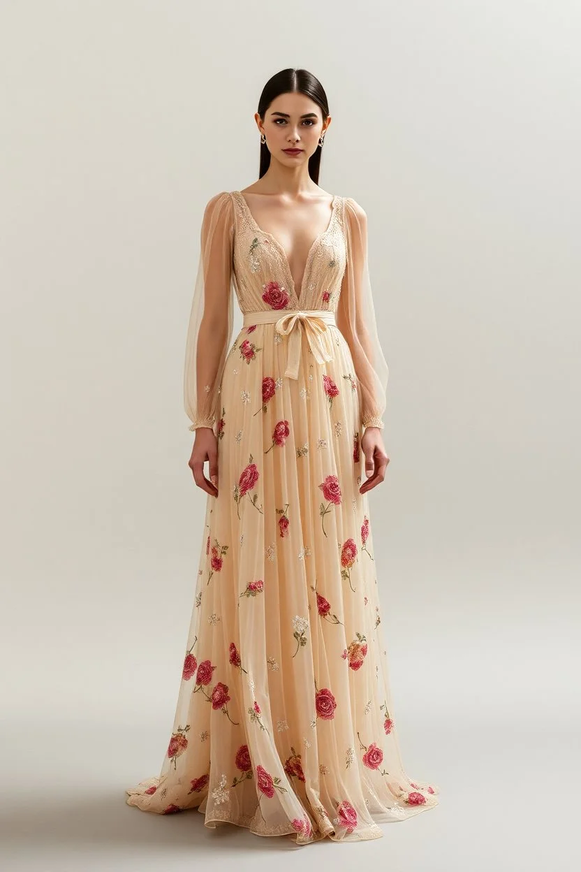 long dress inspired to Gustavo klimt with transparens