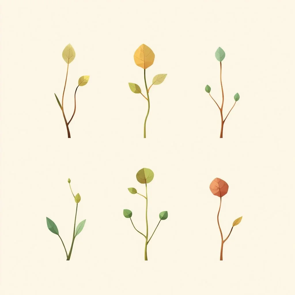 concept art of six low poly stylized alien dry single leaf plant on a neutral background. Strange fictional extraterrestrial flora with unusual shapes