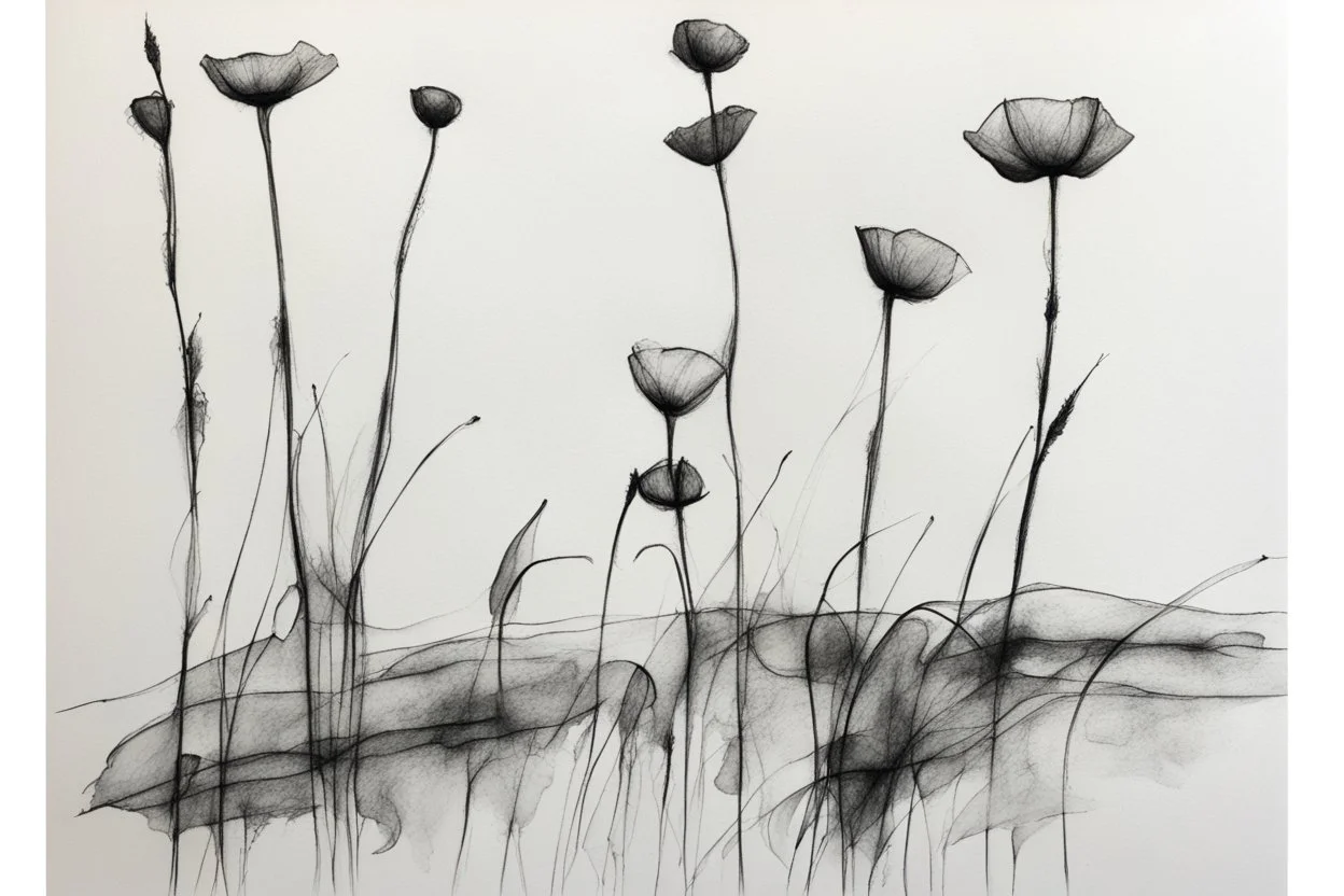 Minimalist ink pencil and charcoal drawing of poppies