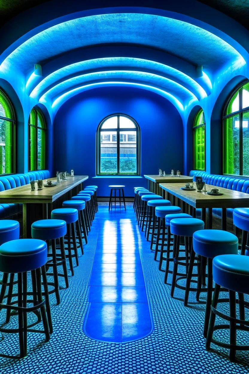 A restaurant whose outer walls are oval in shape, the color of the inside is blue, and its floor is light, with a bar table in the middle of the restaurant in the shape of an oval, containing 30 chairs without windows.