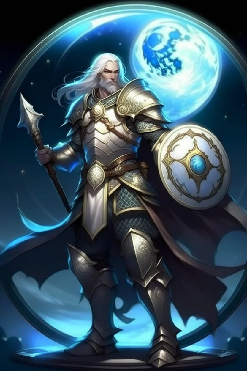 Please create an image for a 30-year old aasimar male with silver hair and a short, square beard and blue eyes but no explicit celestial features. He is a cleric, and standing in the moonlight wearing plate armor and wielding a shield and a warhammer. His equipment carries motifs of the crescent moon